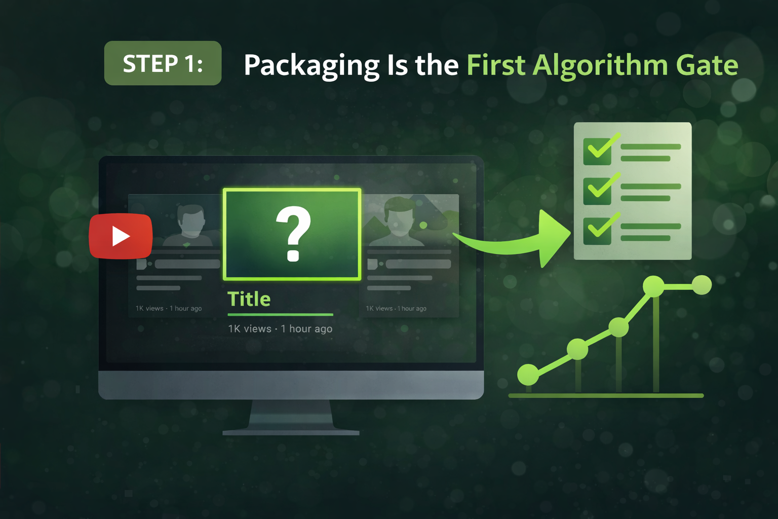 Illustration showing a YouTube video thumbnail on a computer screen with a question mark, checklist, and upward graph, representing how packaging is the first algorithm gate