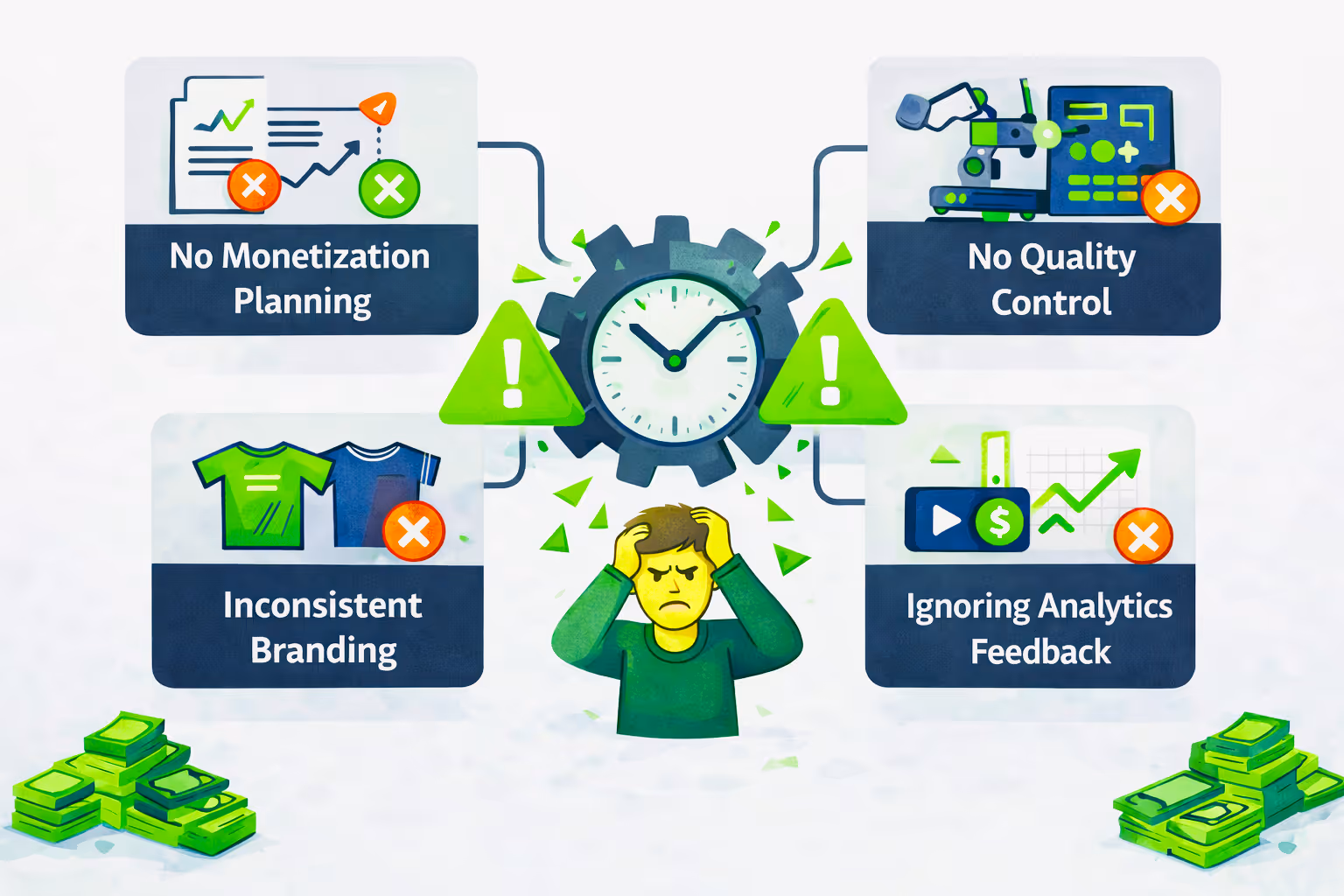 Illustration showing common mistakes that weaken passive income systems, including poor monetization planning, lack of quality control, inconsistent branding, and ignoring analytics, represented by warning icons around a broken gear and stressed creator.