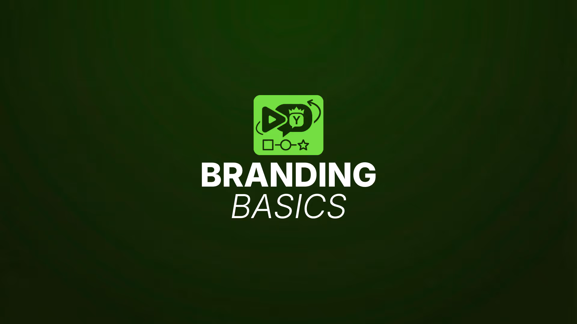 Digital graphic featuring a dark green background, a branding-themed icon, and large white text that says “Branding Basics.