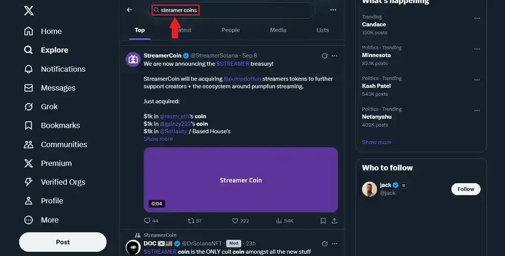 Filtre Streamer Coins sur X Twitter
