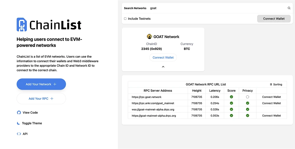 Подключение сети GOAT к MetaMask