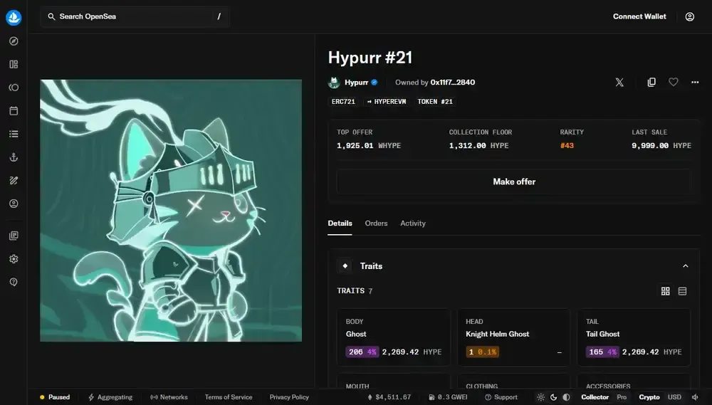 Most Expensive Hypurr Sales NFT Number 21