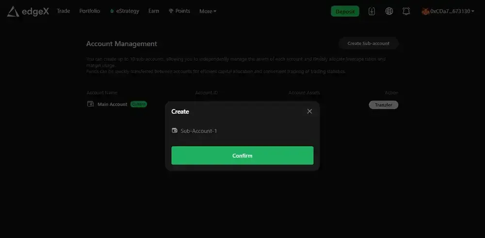 edgeX Cuentas de trading y margen
