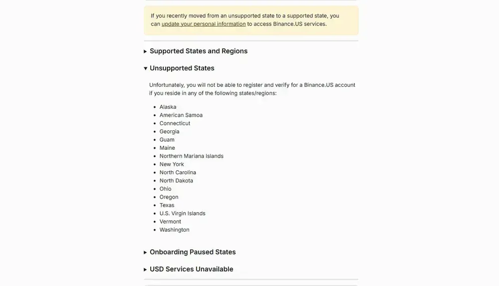 Estados restringidos de Binance US