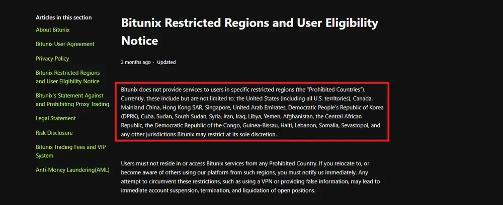 Quels sont les pays soumis à des restrictions par Bitunix ?