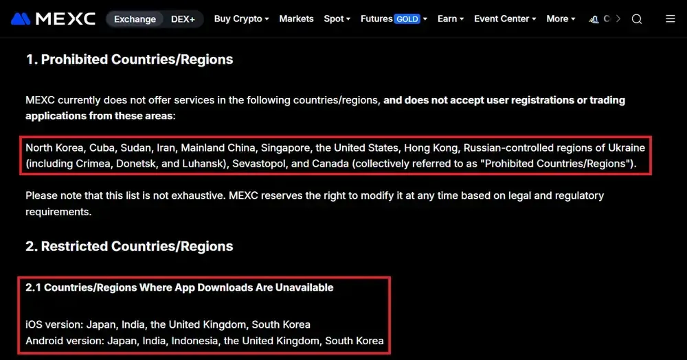 MEXC Países restringidos