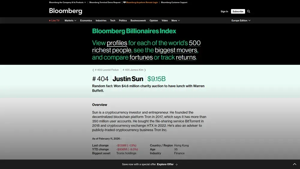 El patrimonio neto de Justin Sun en 2026