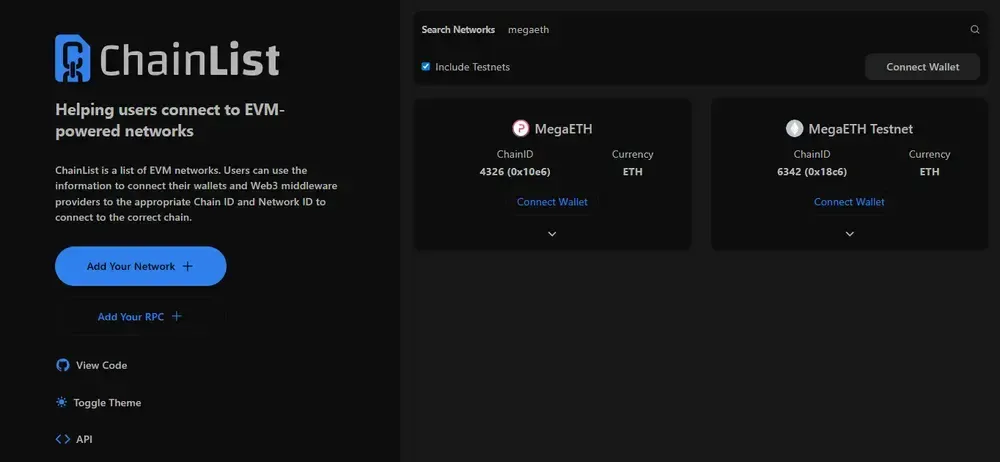 MegaETH Liste des chaînes