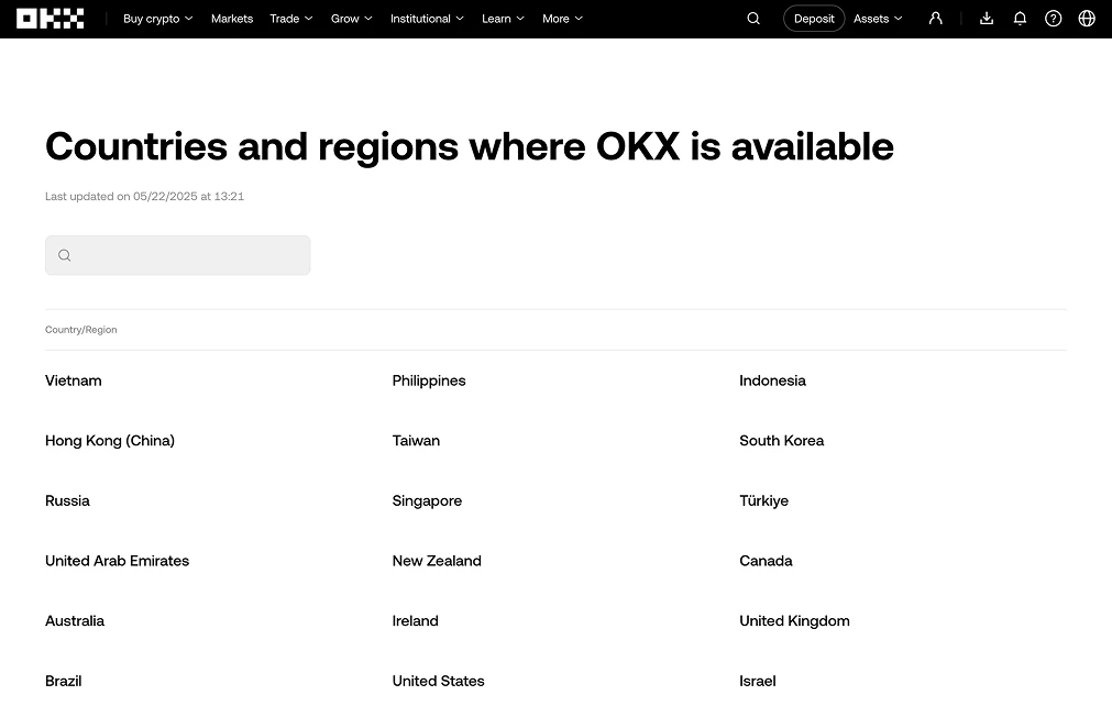 Pays où le portefeuille OKX est disponible.