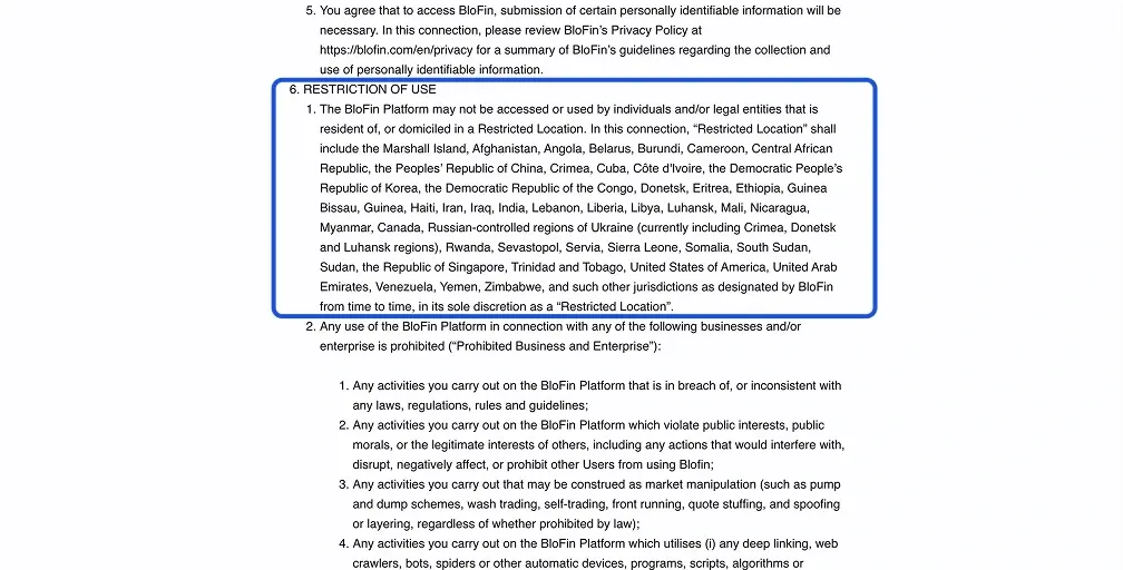 ما هي الدول التي تفرض BloFin ؟