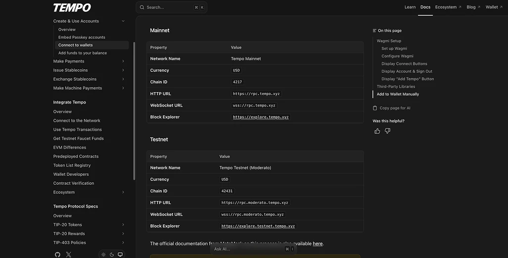 تفاصيل Mainnet Tempo Mainnet