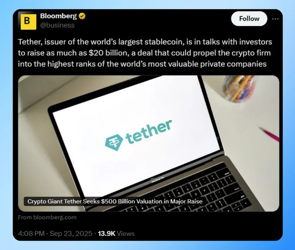 Tether Seeks $500 Billion Valuation in Private Equity Sale