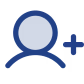Minimalist blue icon of a person with a plus sign
