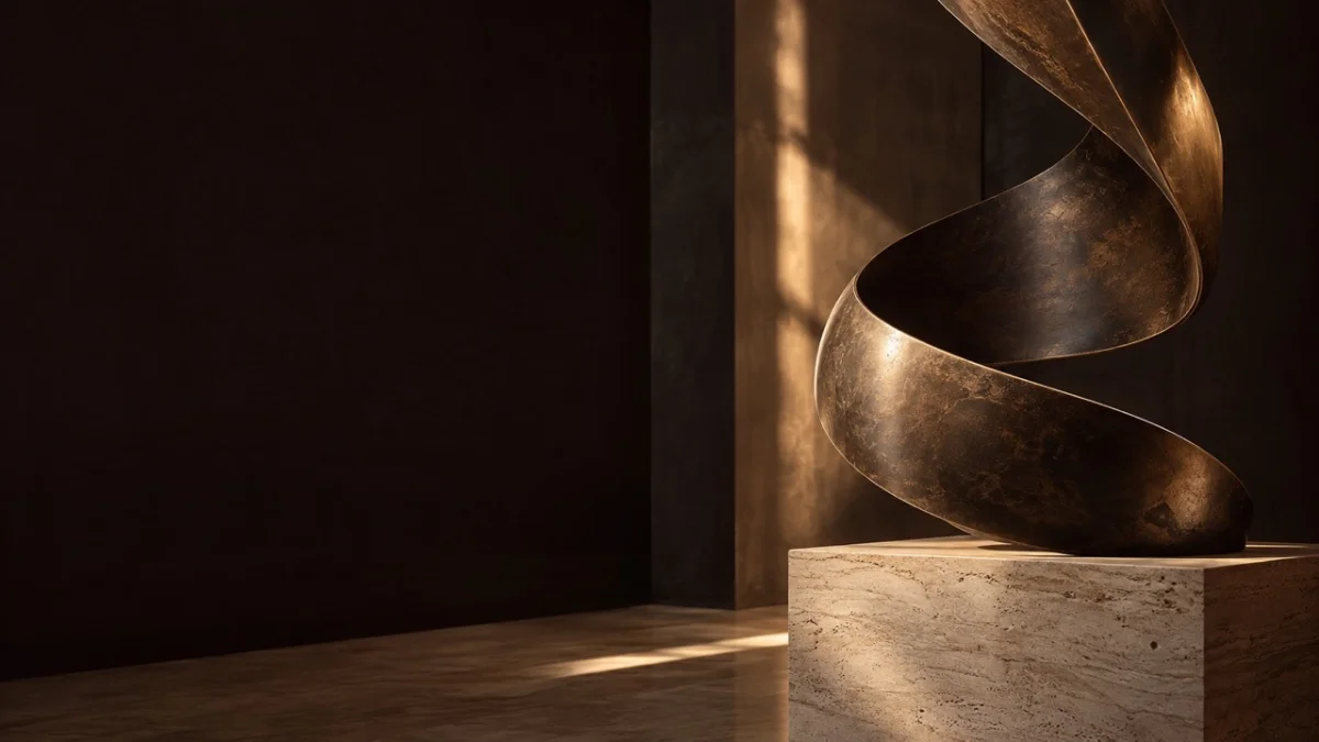 Bronze sculptural form catching light in a quiet stone interior