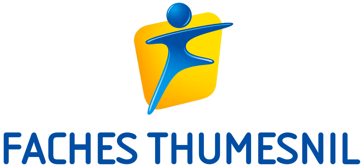 Logo featuring a dynamic blue human figure on a yellow square background above the text FACHES THUMESNIL in blue capital letters.