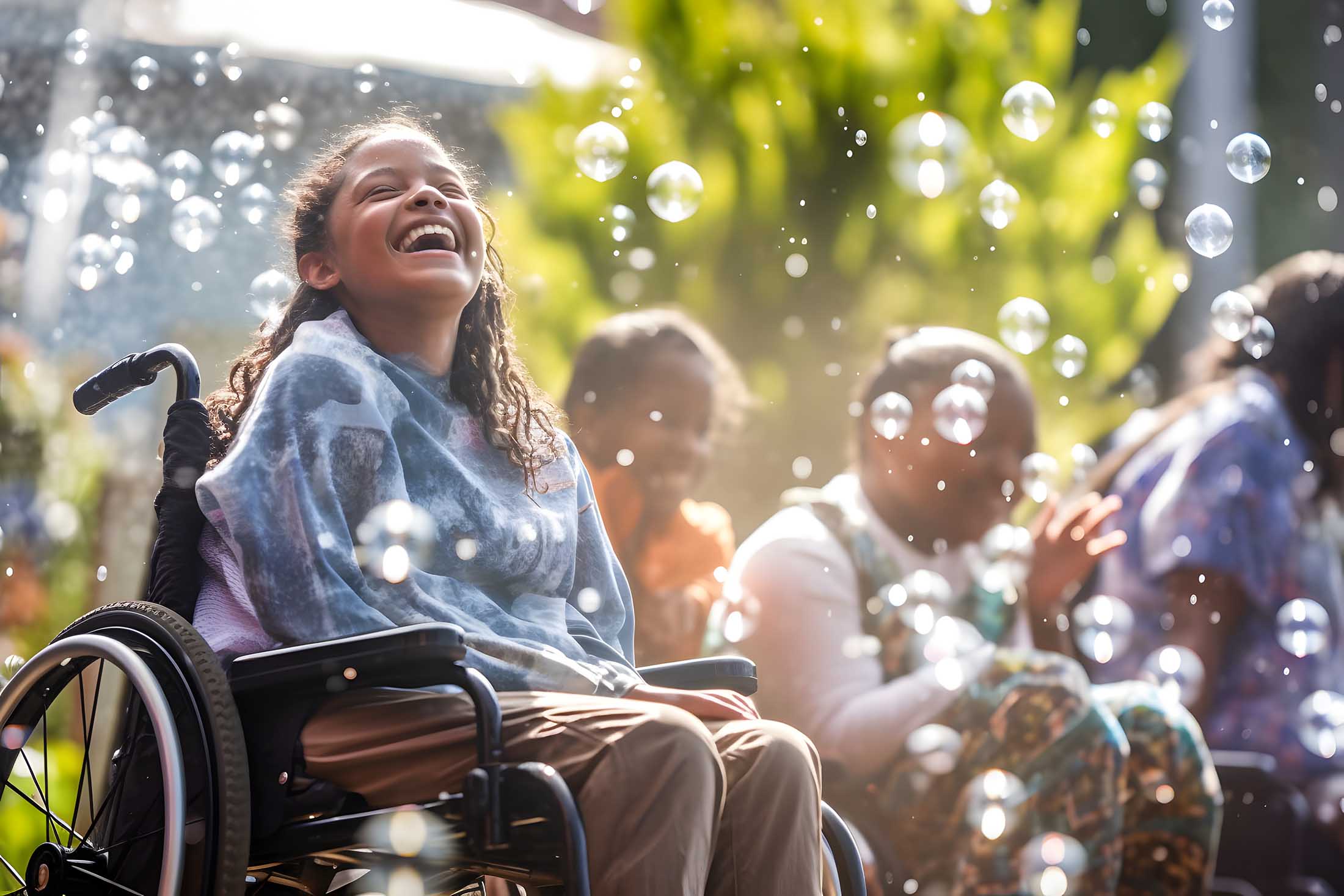 Girl in wheel chair smaling with bubbles flying around