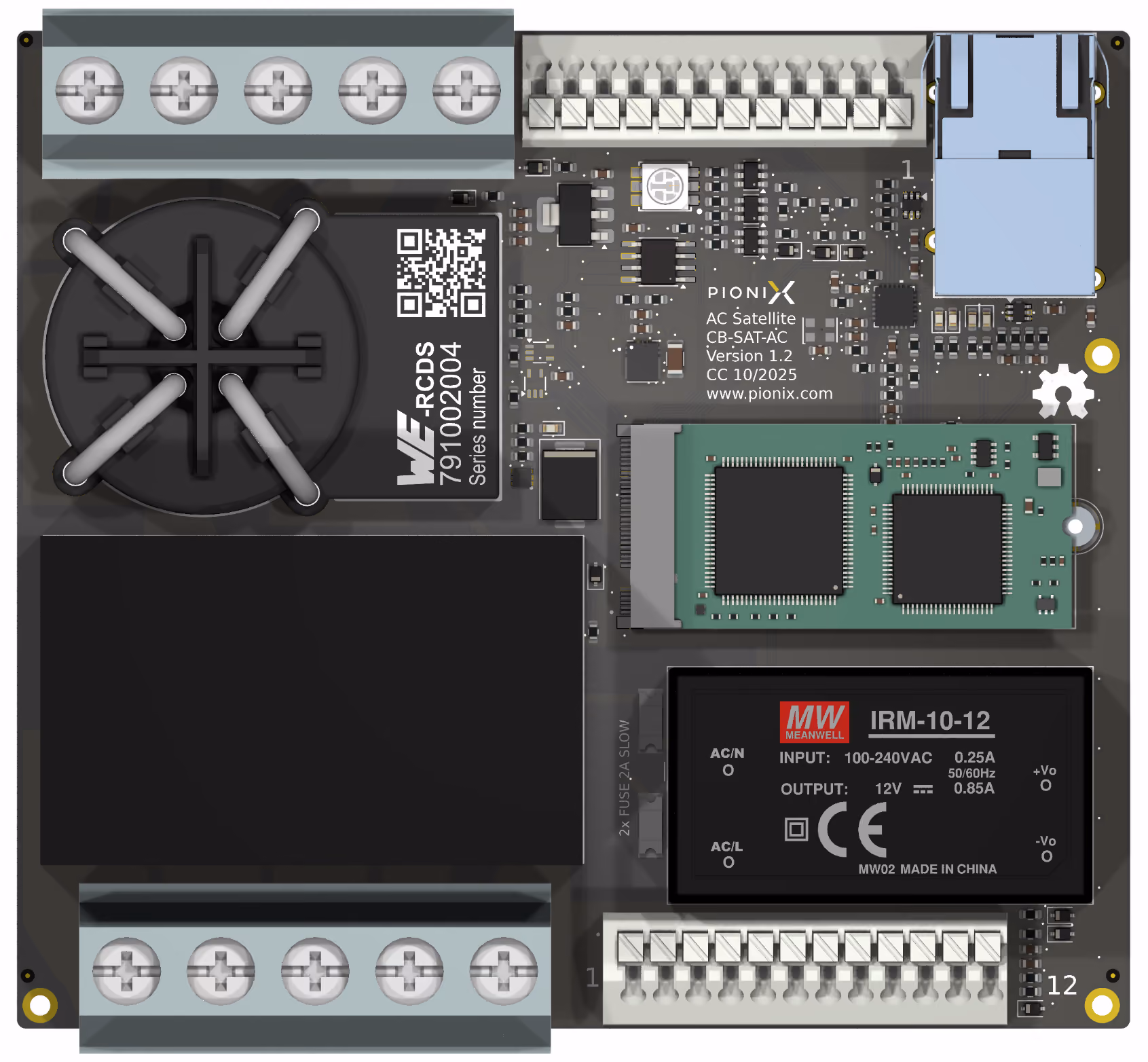 ChargeBridge Satellite AC Board, DIN rail open hardware board for AC charging (3D render)