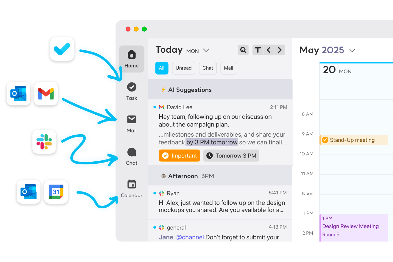 Taskey unified inbox feature demonstration with integrated Gmail, Slack, Outlook and Google Calendar