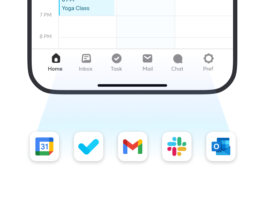 Taskey mobile app interface highlighting the bottom navigation menu for Home, Inbox, Task, Mail, Chat, and Preferences, connecting to Calendar, Task, Gmail, and Slack icons