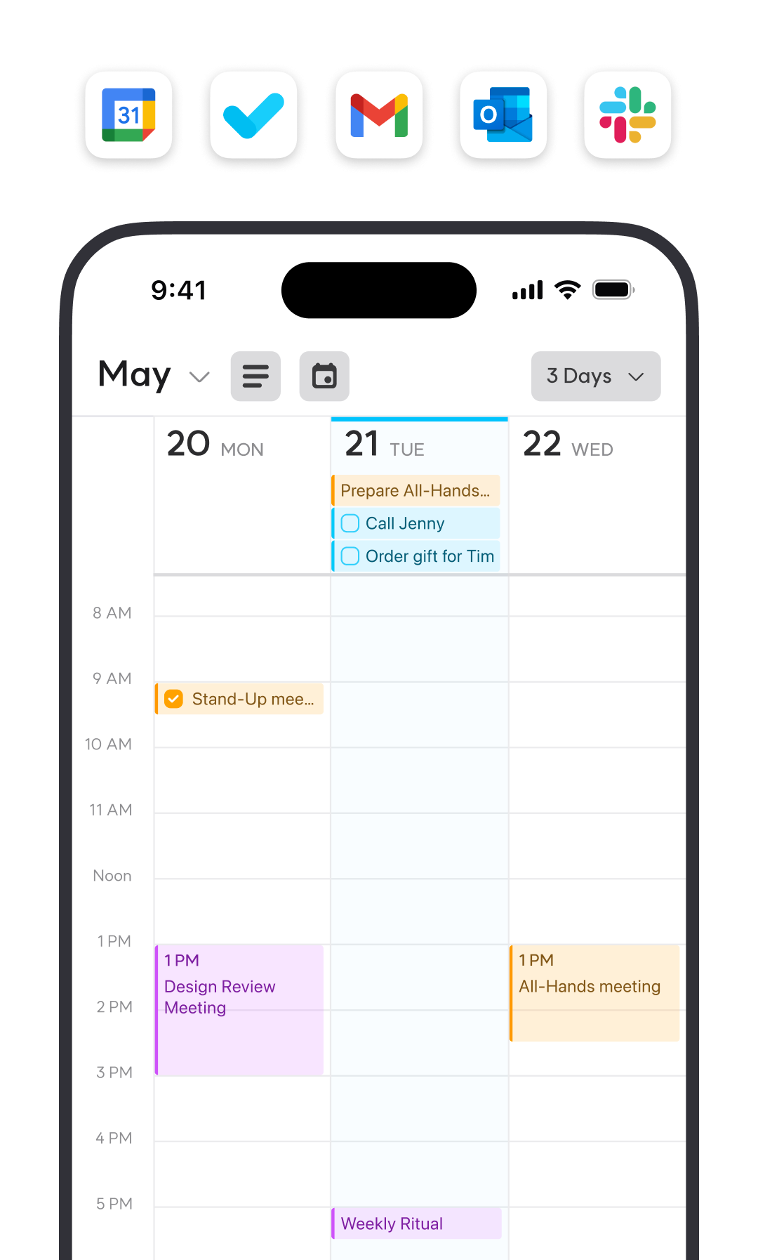 Taskey app interface showing unified inbox with Gmail, Slack messages, Outlook and Google Calendar view