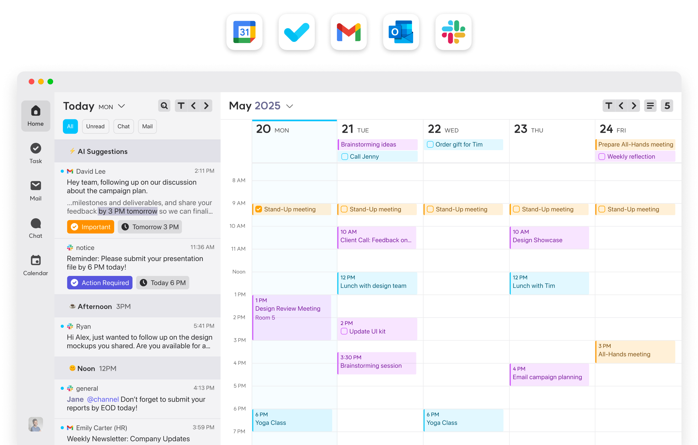 Taskey app interface showing unified inbox with Gmail, Slack messages, and calendar view