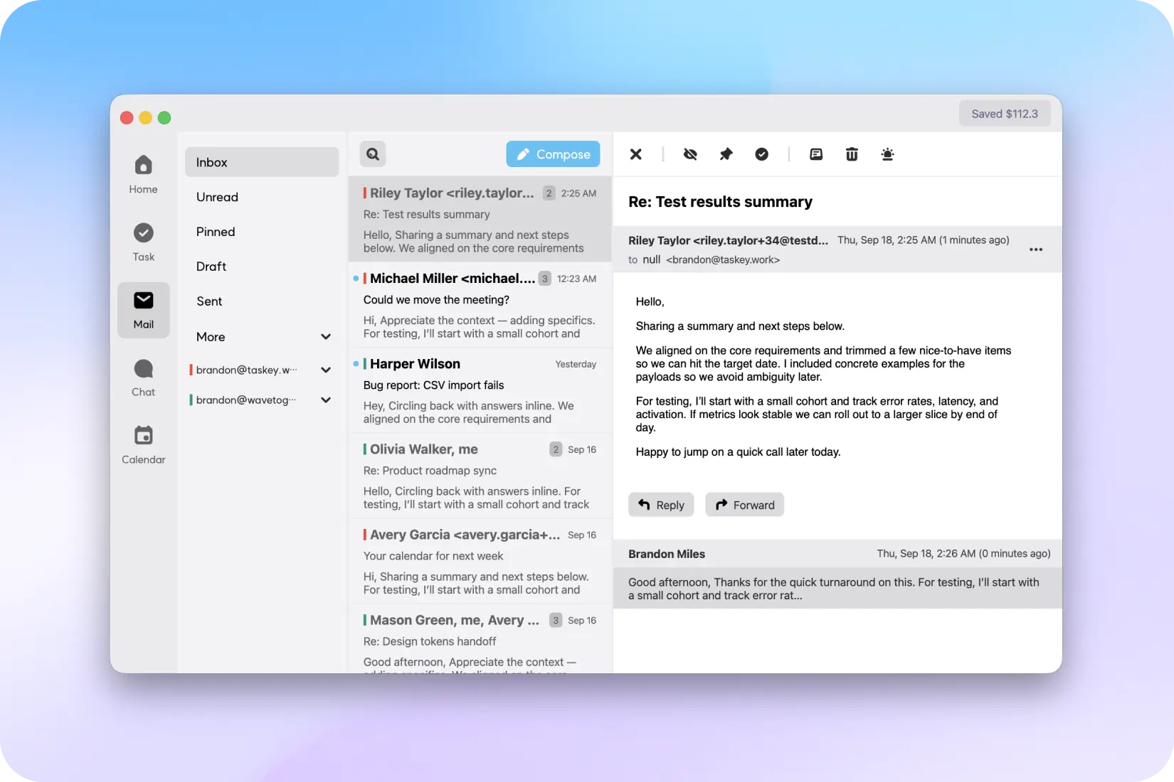 Taskey Mail desktop: unified inbox on the left and an open email titled “Re: Test results summary” with quick reply and forward.