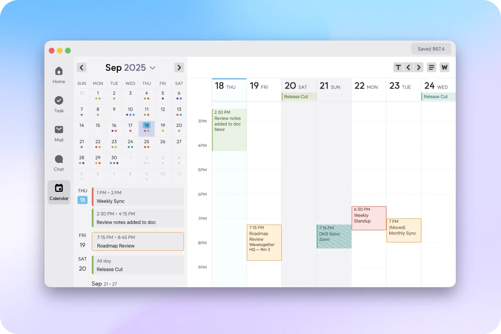 Taskey Calendar desktop showing Sep 2025 weekly view with color-coded events like “Weekly Sync” and “Roadmap Review,” plus a mini-month and agenda list on the left.
