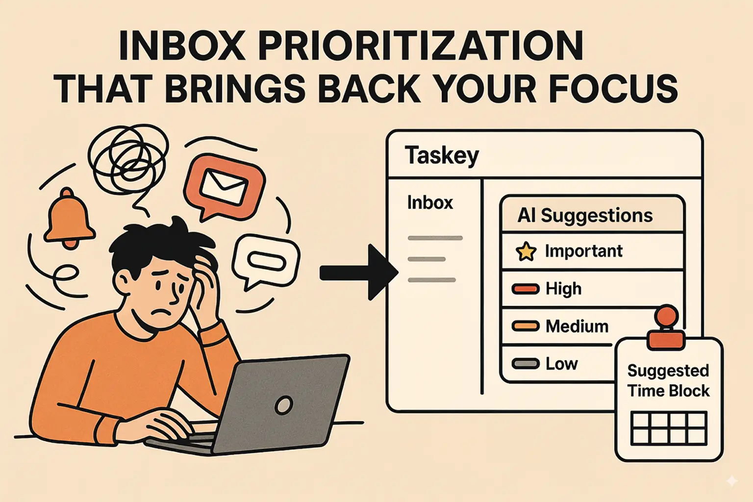 Illustration of a stressed person surrounded by notifications at a laptop, contrasted with Taskey’s inbox showing AI-suggested prioritization of emails by importance and suggested time blocks.