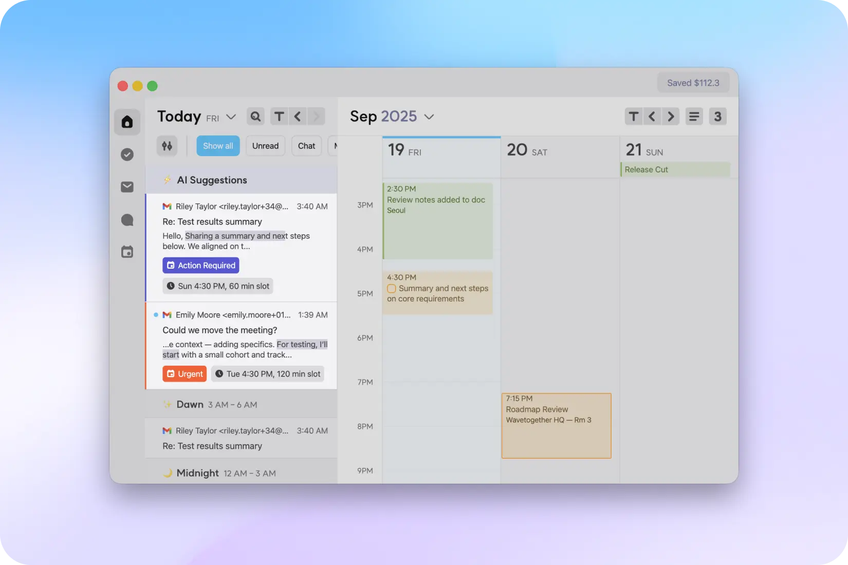 Taskey desktop app showing an inbox with AI-suggested important emails on the left and an integrated calendar view on the right.