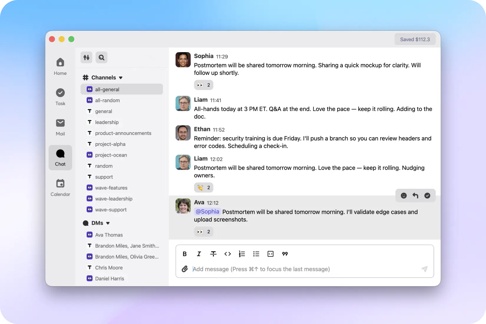 Taskey Chat tab showing channel list and DMs on the left, conversation thread in the center, and a rich-text reply composer.