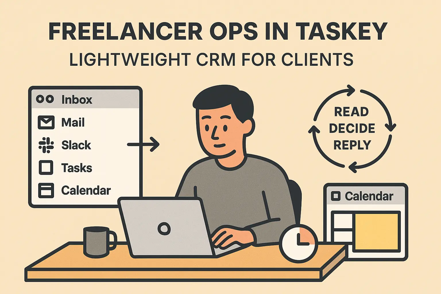 Freelancer using Taskey with unified inbox and calendar labeled ‘Freelancer Ops: Lightweight CRM for Clients.’