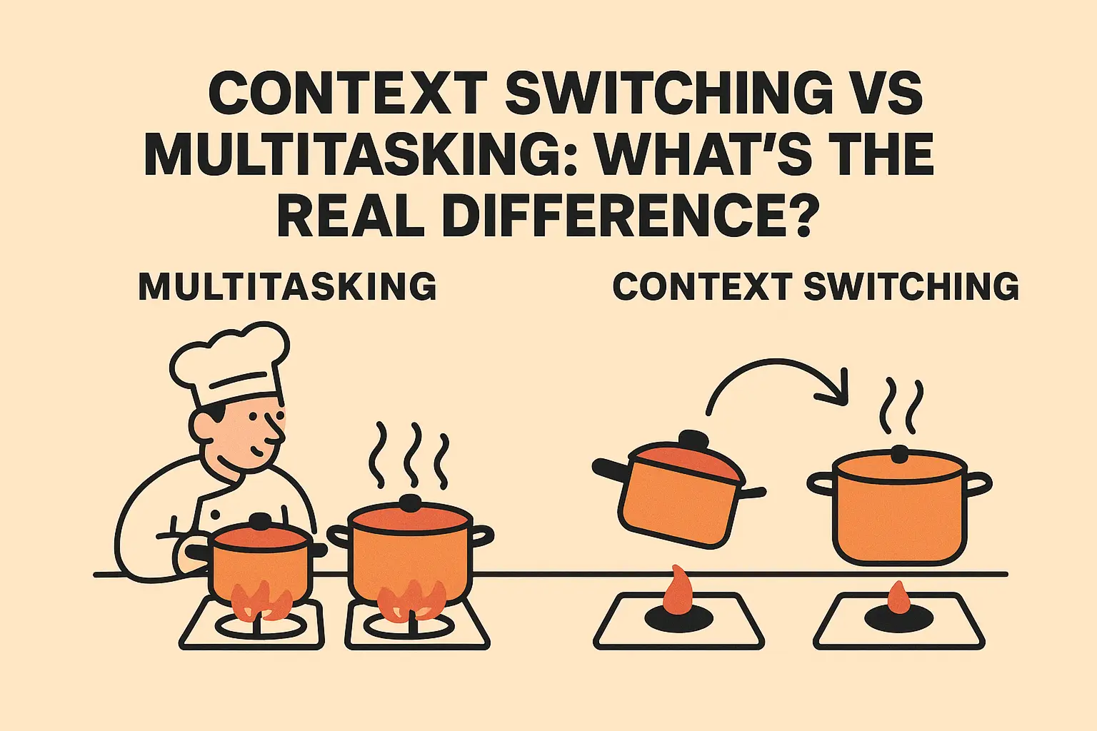 Illustration comparing multitasking and context switching with a chef cooking two pots at once versus moving one pot between burners.
