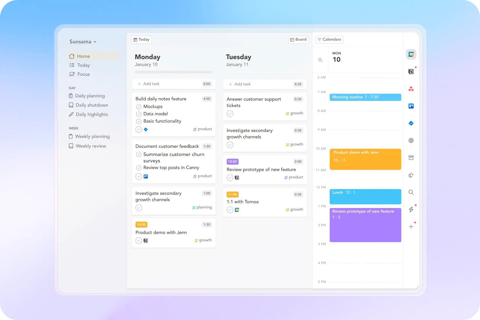Sunsama app interface showing daily planning view with tasks and timeboxed calendar on the right.