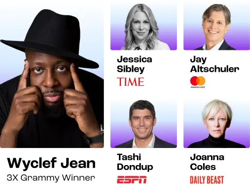 Photograph of Wyclef Jean with six smaller portraits of Jessica Sibley, Jay Altschuler, Tashi Dondup, Joanna Coles labeled with their company logos.