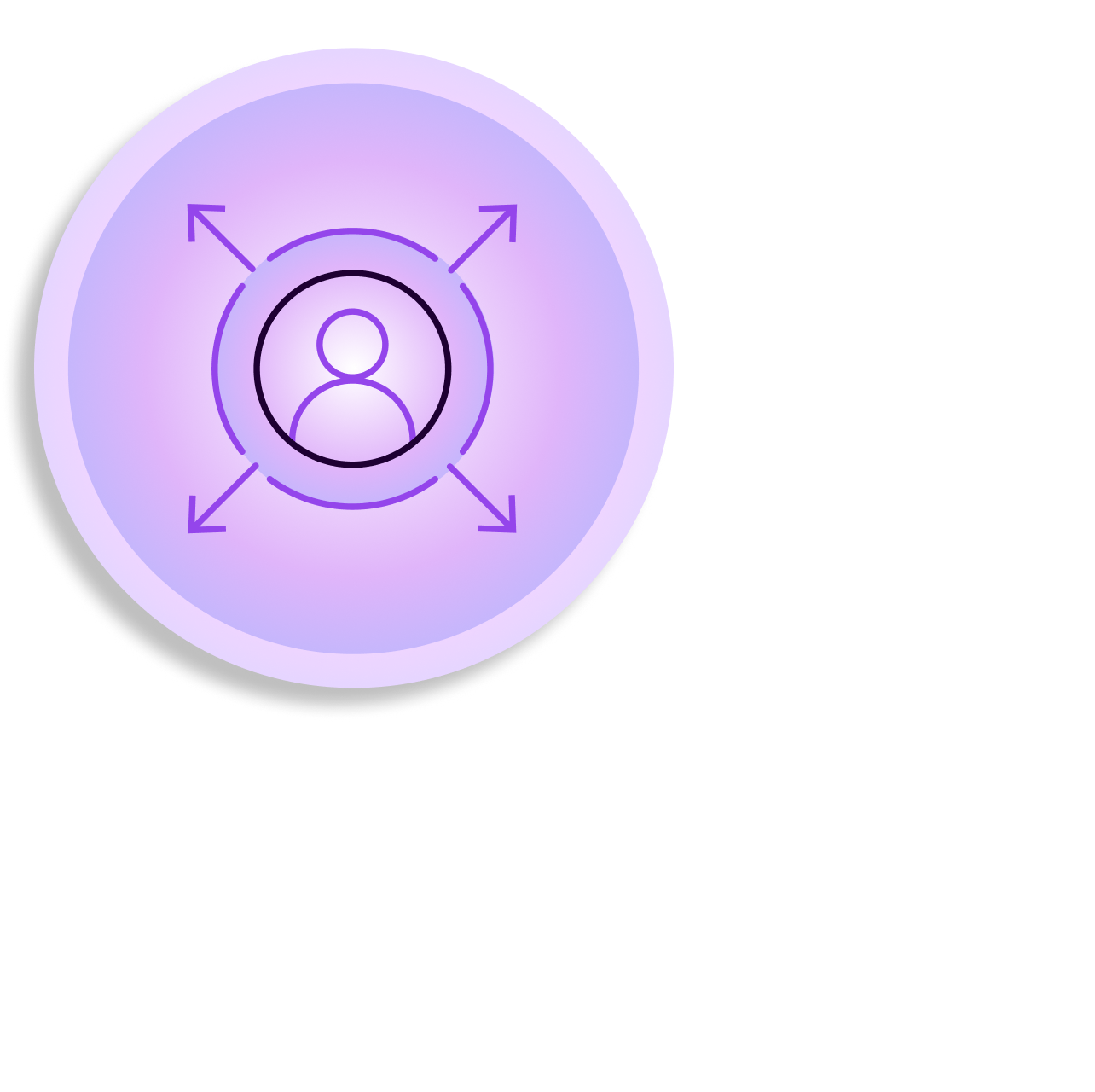 Purple circular icon with a user silhouette at the center, surrounded by four arrows pointing diagonally outward, symbolizing audience expansion.