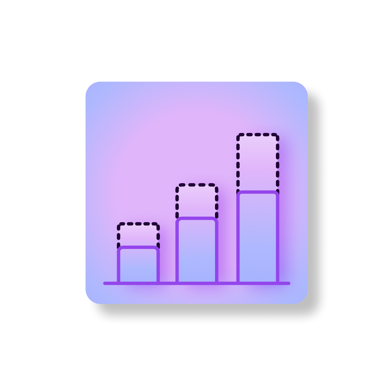 Illustration of a bar chart with three ascending solid purple bars and matching dashed outlines extending higher above each bar on a purple-blue gradient background with rounded corners.