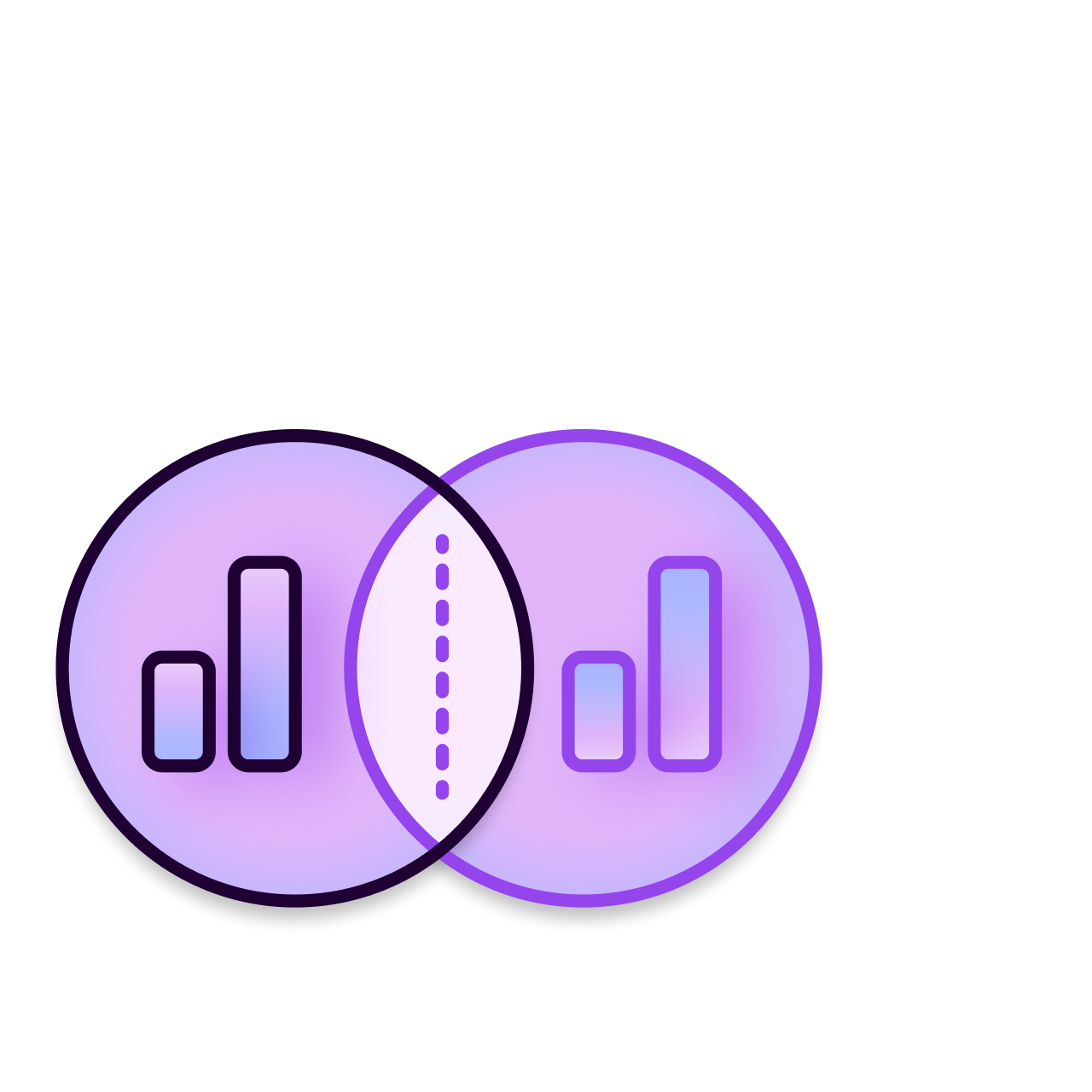 Two overlapping purple circles each containing a two-bar vertical bar chart icon with different border styles, connected by a vertical dashed line in the overlapping area.