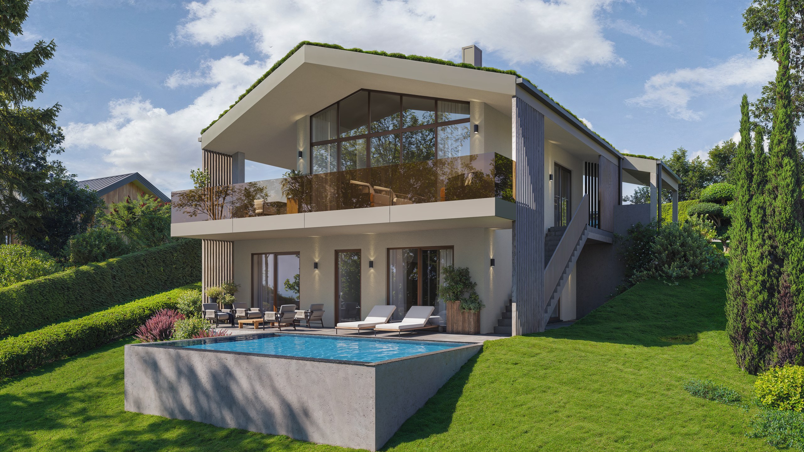 Villa 13 – Gartenansicht mit Pool