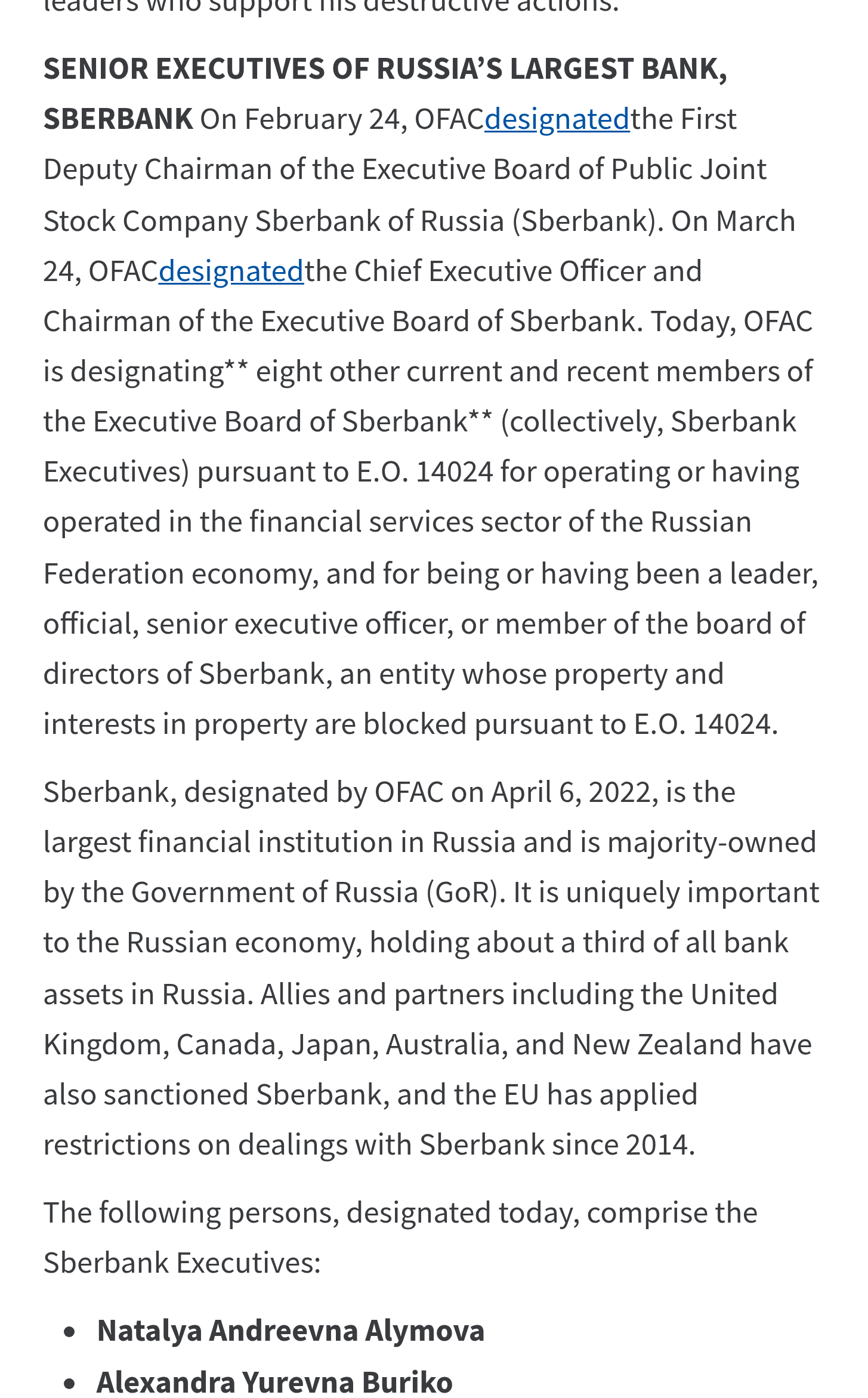 Publication on Natalya Alymova's inclusion in OFAC sanctions from May 8, 2022