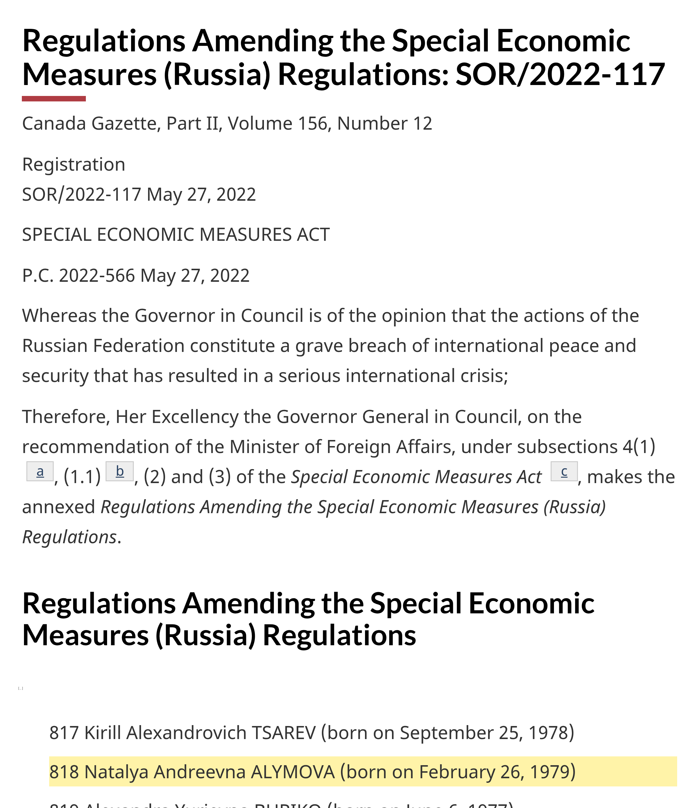 Canada added Natalya Alymova to its sanctions list on May 27, 2022