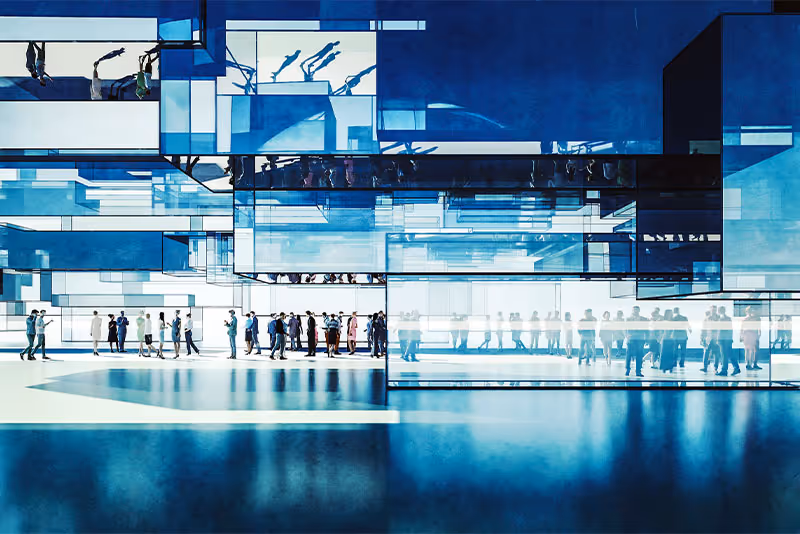 Abstract architectural scene with overlapping blue-toned people and geometric shapes