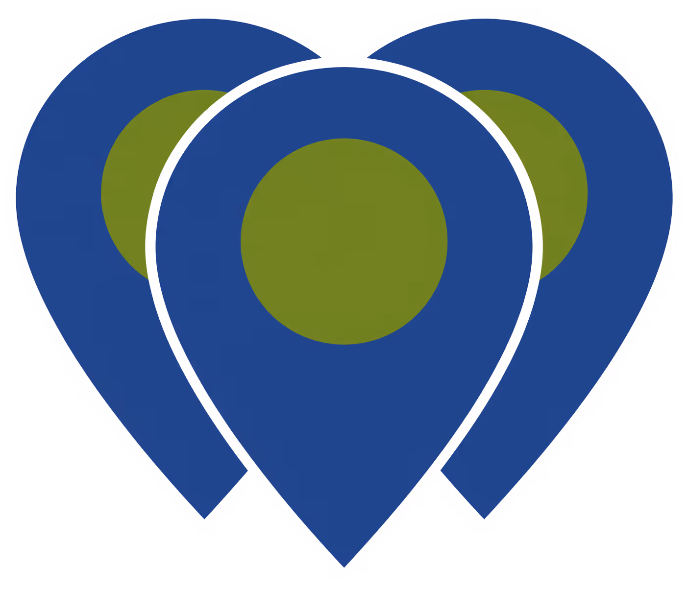 Blue and green heart-shaped logo with white border and circular center