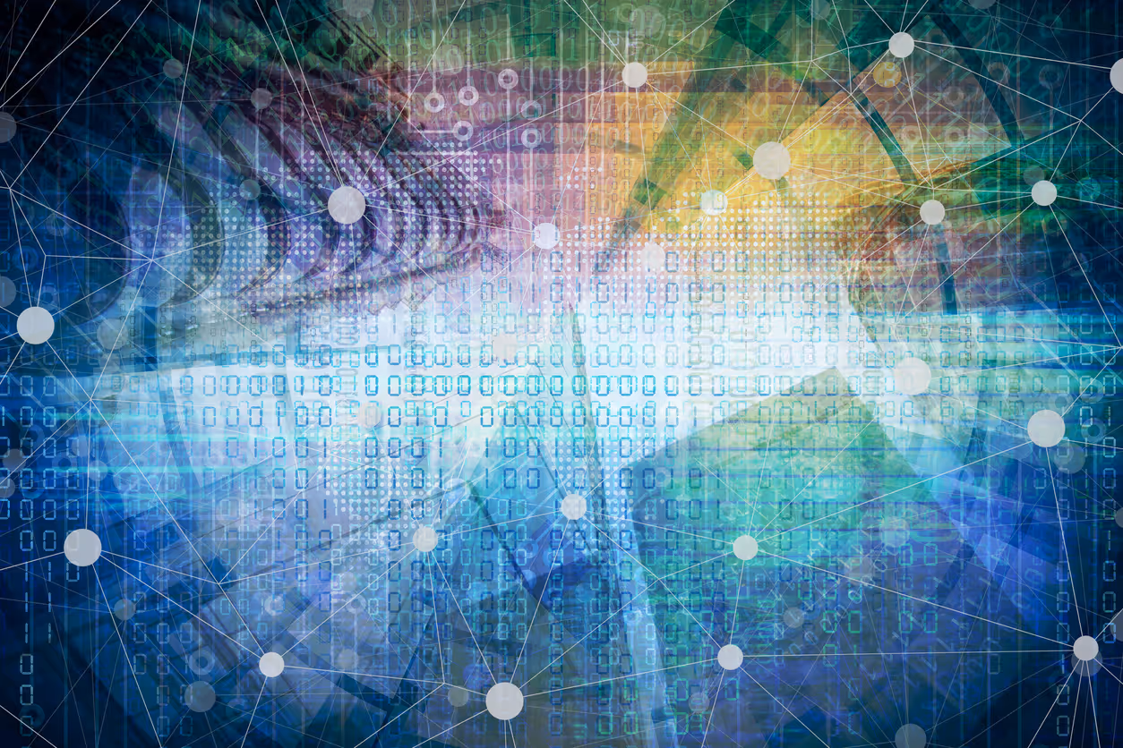 Abstract digital network with binary code, data patterns, and interconnected nodes in blue and green tones.
