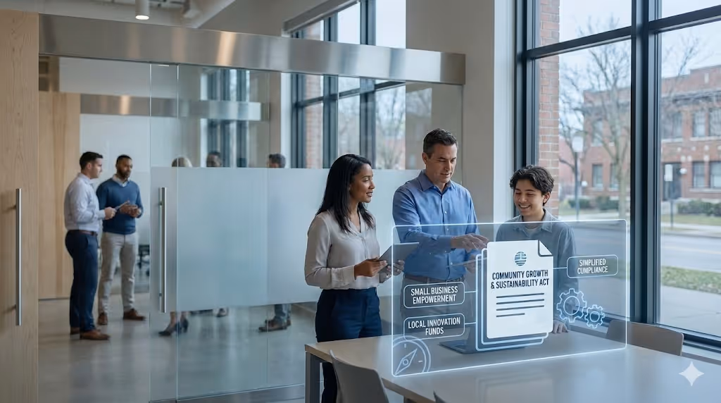 A medium shot captures three diverse professionals, a woman and two men, collaborating around a table in a modern office, looking at a transparent holographic display projecting from a laptop that shows a document