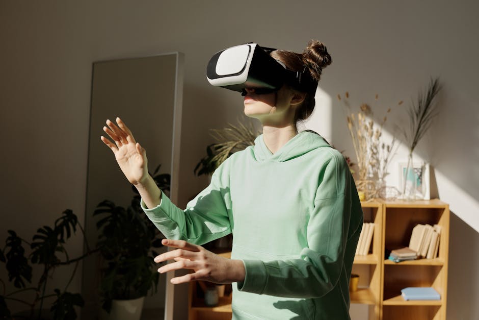 A teenager wearing VR headset in a bright room, immersed in virtual reality.