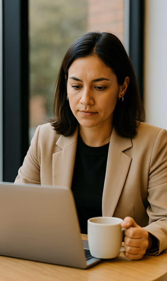 Woman wearing a beige blazer and black top focused on her laptop, holding a white mug.