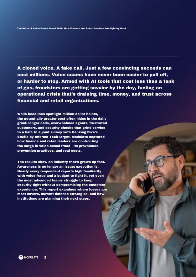Page from a report titled 'The State of Voice-Based Fraud 2026' describing the impact of voice scams and fraud in finance and retail, with a photo of a man talking on the phone looking concerned.
