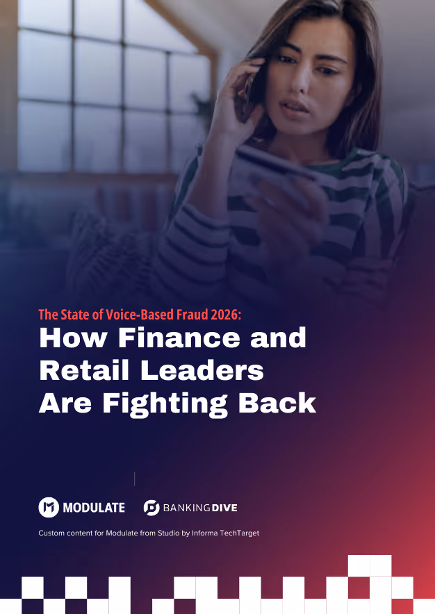 Woman holding a phone to her ear while looking at a credit card with text about fighting voice-based fraud in finance and retail.