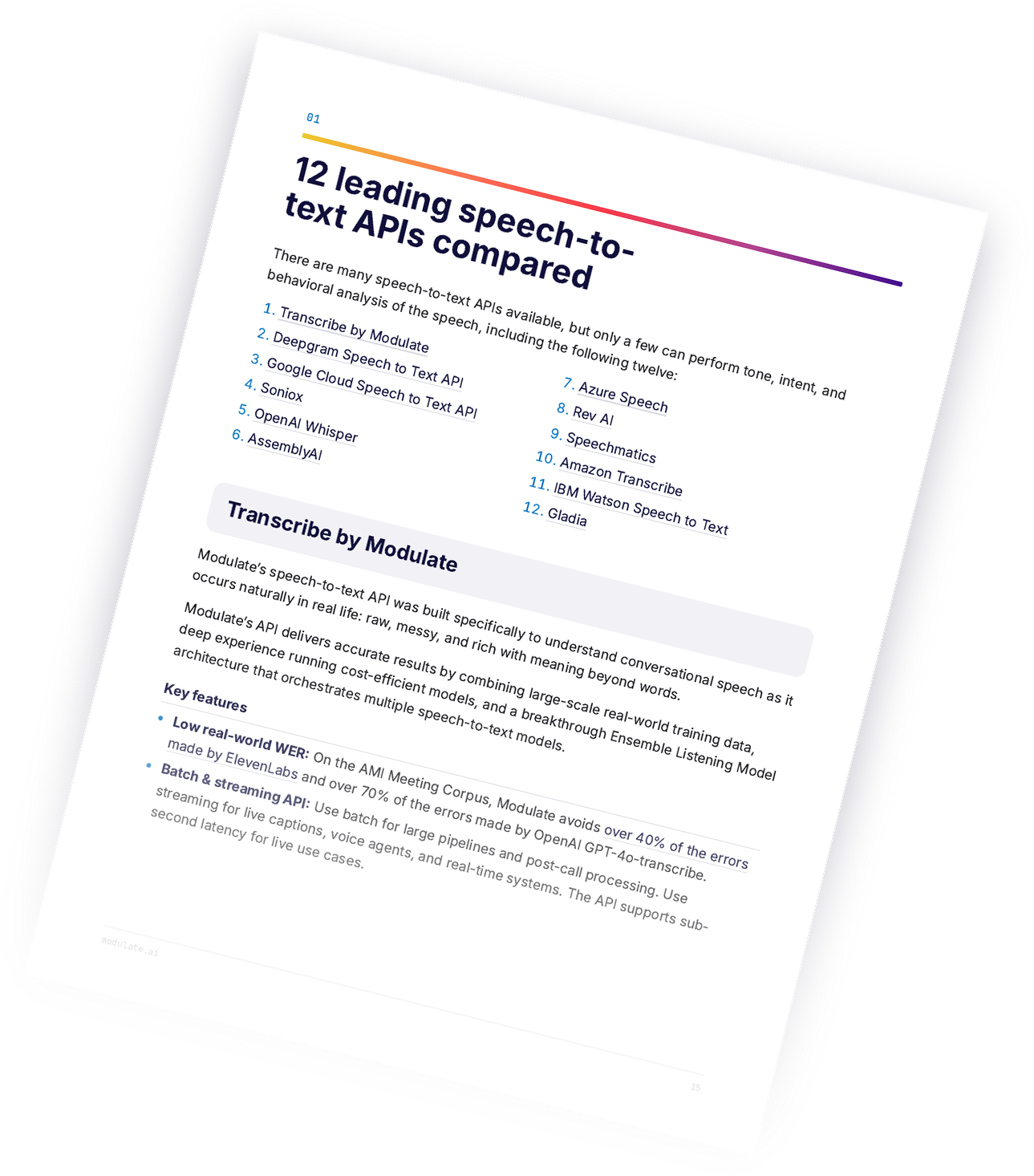 Pages from Modulate's Transcription API Buyers Guide