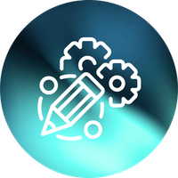 Symbol mit Stift, Zahnrädern und verbundenen Punkten